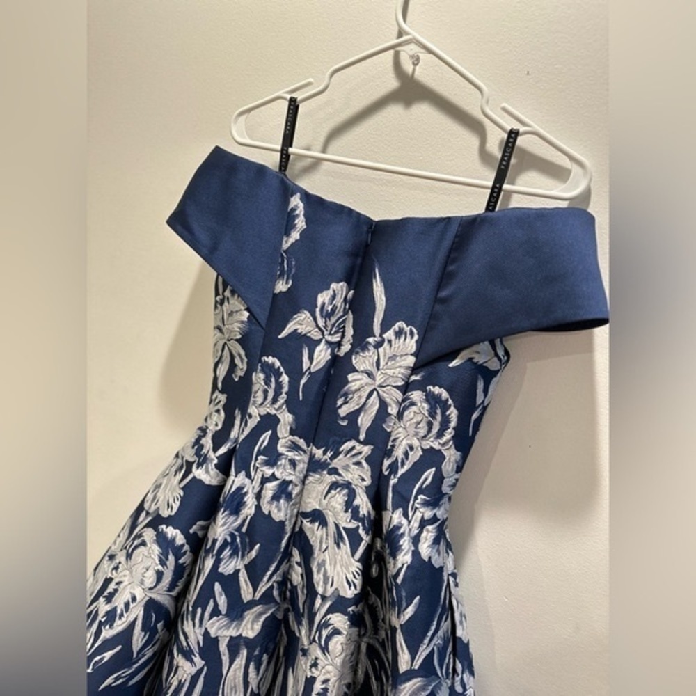 Frascara 3850 Navy Blue Silk Blend Floral Jacquard Hi-Lo Off Shoulder Dress 6 - Picture 6 of 10